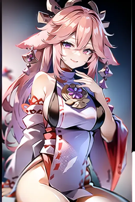1girl, <lora:dpmg_yae_miko:1>, kpop idol, yae miko, detached sleeves, bare shoulders, pink hair, long hair, japanese clothes, best quality, (painting:1.5), (hair ornament:1.35), jewelry, purple eyes, earrings, breasts, torii, cherry blossoms, lantern light, depth of field, detailed face, face focus, ribbon_trim, (looking at viewer:1.25), nontraditional miko, shiny skin, long sleeves, smile, thick lips, game cg, hands on lips, east asian architecture, (blurry background:1.2), sitting, upper body,