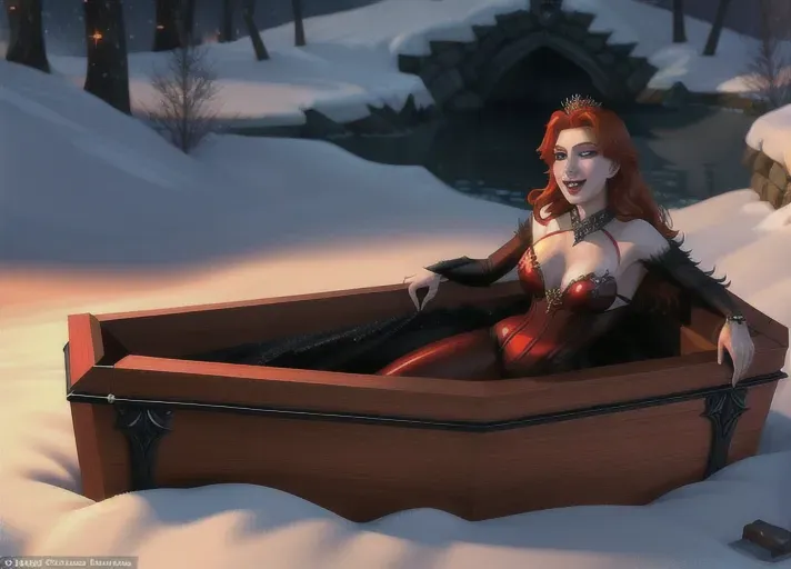 Sexy beautiful vampire adult auburn-haired Queen Anna of Arendelle rising from her royal coffin on Halloween. Her red eyes aglow with unholy thirst as she bares her fangs with an alluring smile tainted with hunger. A thirst she seeks to quench as she sinks her fangs into the neck of her sister, Elsa of Arendelle. photorealistic. High resolution.