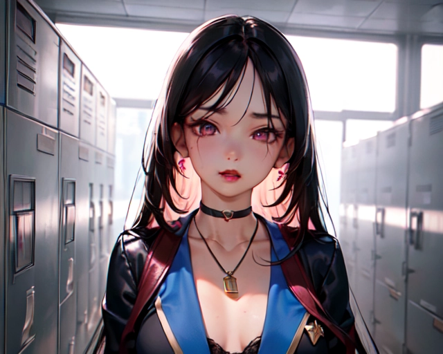 photorealistic, 8k, accurate face, (((detailed face))), (((replicate inspiration face))), full figure shot, shining eyes, female face, cute, 21 years old gorgeous, luxuriously long black hair, lipstick, bangs, small breasts, choker, necklace, pendant,
wearing pink stewardess outfit, in locker room,