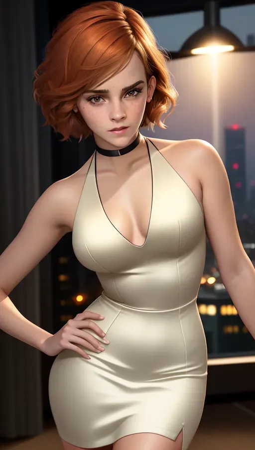 realistic HD photograph ((wide shot)), (((emma watson)))((((accurate face)))),(((as a escort prostitute model)))(((in a penthouse apartment overlooking a city late at night)))(((lustful flirting seductive aroused))), (((wearing bodycon halter dress))),(((short straight sleek haircut)))(((blunt bangs)))(((redhead))), ((very sexy pose)),(((perky breasts))),(((slender athletic body))), five slender fingers, beautiful face, beautiful lips,detailed large eyes,curved eyebrows,cgsociety,cinematic lighting,studio lighting,professional,editorial,<lora:crotchless:1>