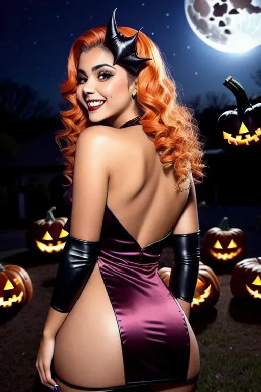 Gorgeous 19 year old Brazilian girl, smiling coyly, looking at me, looking into camera, looking at viewer, rear view, (showing butt), ((revealing vulva)), (showing pussy), trim pubic hair, ((looking over shoulder)), (Halloween vampire costume)(short minidress), (vampire fangs), sexually provocative poses, Halloween setting, nighttime scene, bats, pumpkins, full moon, sexually aroused, sexually excited, side boob view,