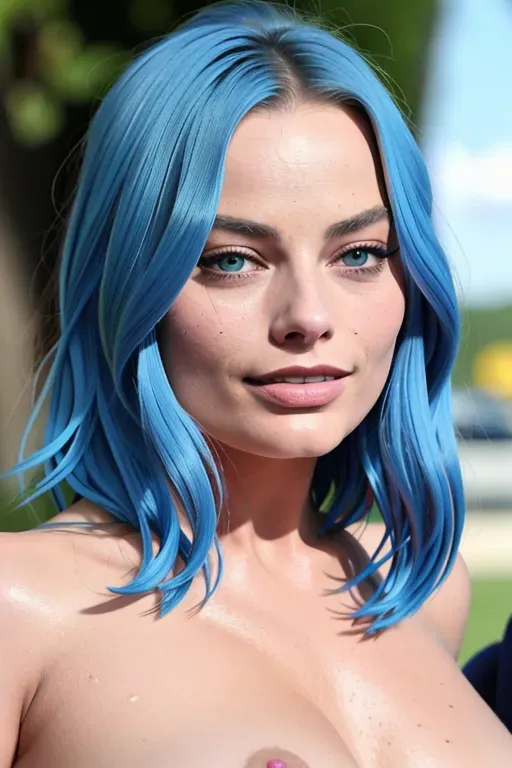 margot robbie, fully nude, detailed face, pierced tits, detailed pussy, blue hair
