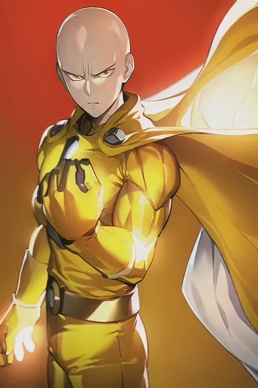 One Punch Man, yellow costume, white cape, red gloves, global lighting,((masterpiece)), 8k wallpaper, high quality