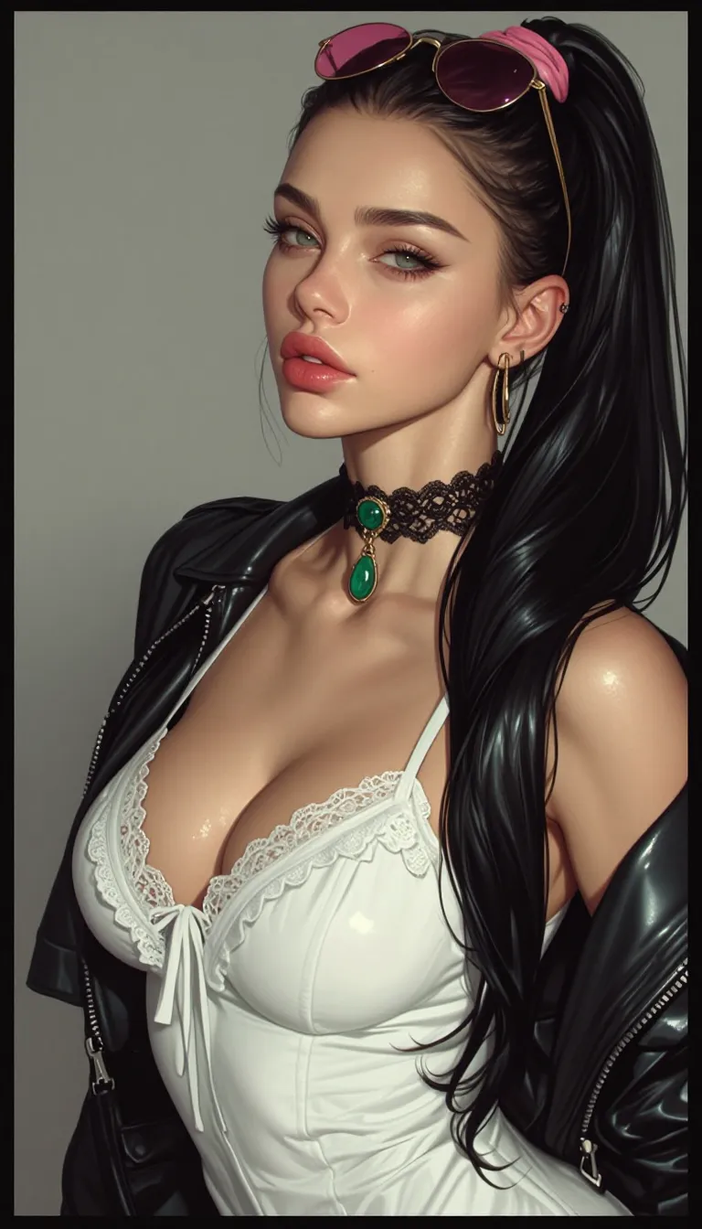 A gorgeous 39-year-old Russian woman with emerald-green eyes, very long silky black hair, thin hoop earrings, high cheekbones, small commissural wrinkles, glossy pink lips, very large natural breasts, skindentation, and a relaxed expression. Hair tied back in a high ponytail with a pink scrunchie, she wears a white summer spaghetti dress with lace-trimmed frills, gold-rimmed pink-tint sunglasses on her head, with a short black leather jacket, black lace-trimmed choker band with an emerald pendant,
masterpiece, best quality, good quality, very aesthetic, absurdres, newest, 8K, realistic, cinematic lighting, ((portrait,border)),