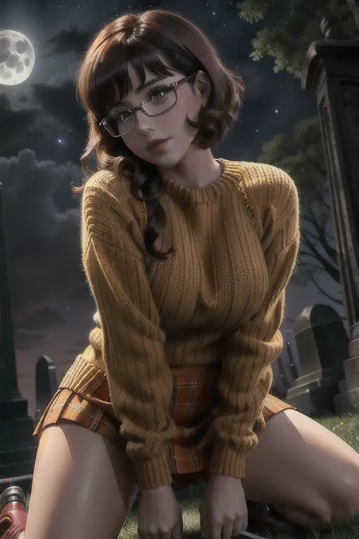 Photo of velma from scooby doo, young woman, wearing an orange sweater, wearing a plaid miniskirt, wearing knee high socks, looking at away from Camara, beautiful face, beautiful eyes, small pupils, short brown hair, big plump breasts, lifting up her shirt to expose breasts, in dark cemetery, at night, full moon, volumetric lighting, focused, crawling on all-fours, upskirt, fingering pussy, erotic