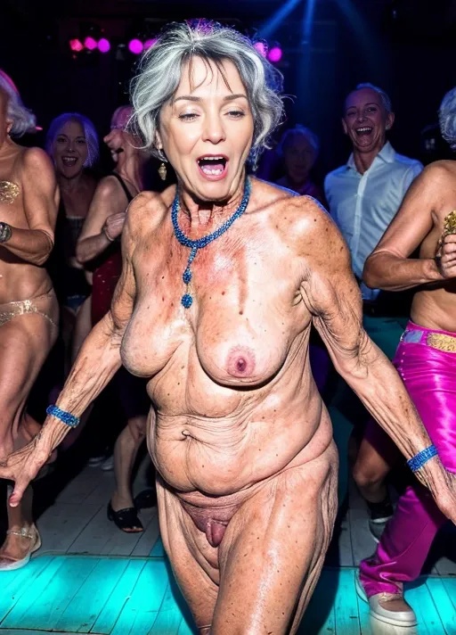 An older lady is naked on a crowded dance floor, saggy and natural shaped hanging breasts, middle aged and slightly overweight female body shape, and is sexually aroused as she dances naked at the disco while everyone else is wearing clothes and dancing around her. She shows off her nasty and aroused vagina to everyone and gives in to her passion without inhibition