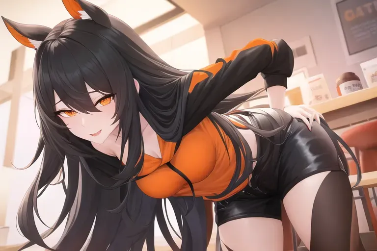 Hentai art of girl masturbating in public coffee shop. Black long hair,orange hoodie,black shorts