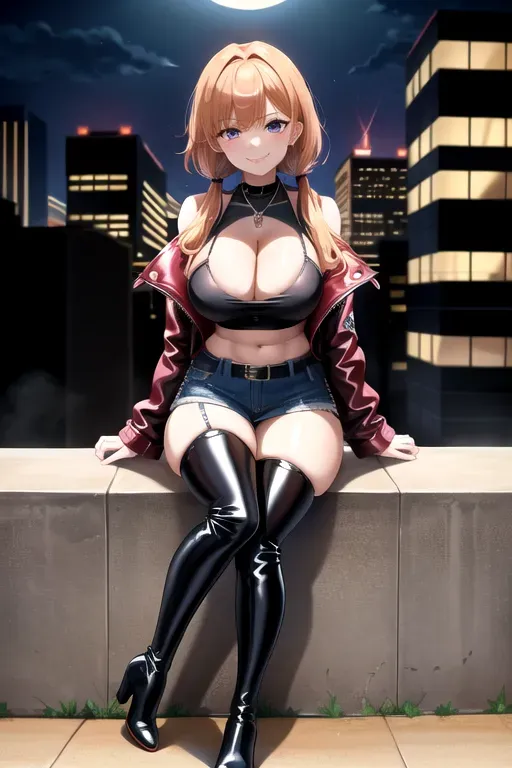 full body, strawberry blonde hair, brown eyes, short girl, denim miniskirt, black high heeled boots, looking at viewer, long hair, pale skin, silver necklace, black crop top, 24 years old, giant breasts, cute face, pov, wavy hair, city environment, Oklahoma City, wide eyes, erotic, skirt tug, leather jacket, nighttime, black backpack, slim body, low pigtails, sitting on wall, smiling, thigh high boots, cleavage