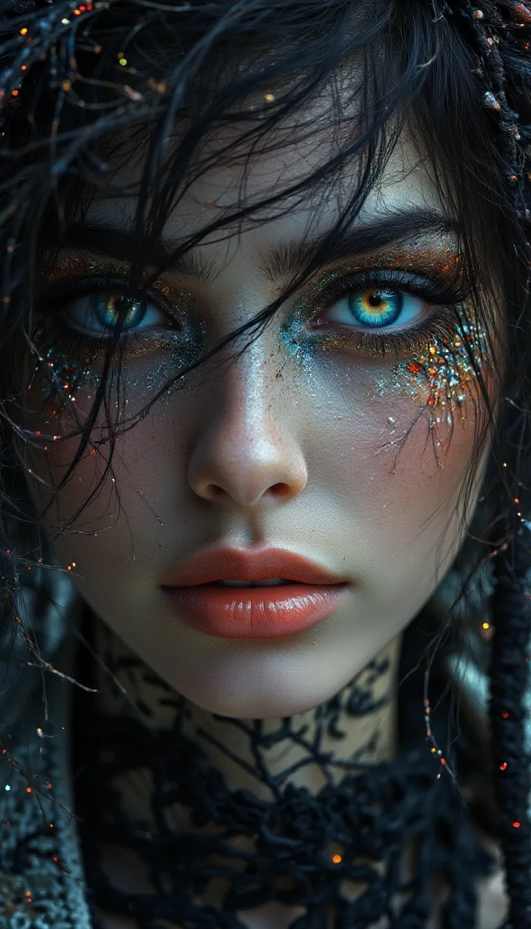 A hyper-realistic portrait of a stunning supermodel, featuring a beautifully detailed face with intricate. The image blends futuristic and traditional elements with a neo mode, avant-garde style, characterized by delicate and sleek lines, vibrant colors, and exquisite details. The modelâs eyes captivate with complex colored irises, while her unique, crazy hairstyle adds to the surreal and mysterious charm. The overall composition is symmetrical and fluid, with an ethereal and timeless aura. The interplay of light and shadow enhances the high-fashion aesthetic, capturing the essence of cyberpunk and folklore in a visually striking and artistic statement, Midjourney_Whisper