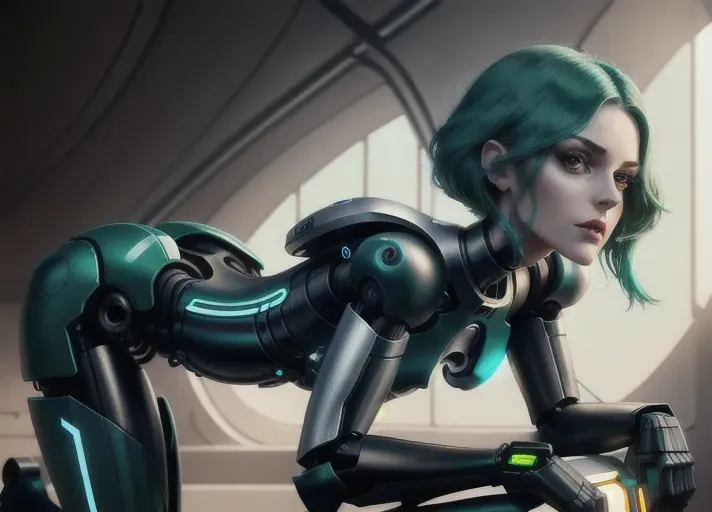 On hands and knees with ass up, Human shaped body, proper human proportions, thin, fit, naked, very pale skinned, dark blue green hair, cyborg girl, mechanical arms and legs, in a futuristic setting, showing off perfect uncovered pussy, focus on her open vagina, look of lust on her face, side lighting with deep shadows, wide jaw, large almond shaped eyes, perfect body, natural feet, small ass, thin hips, thin robotic legs, slight hips and buttocks