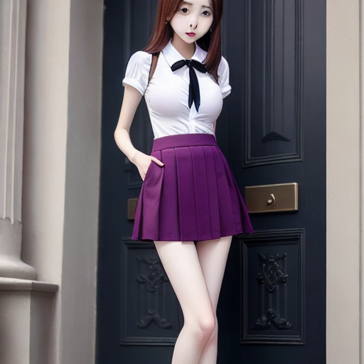 atractive young girl, skinny, small tits, wearing short skirt and blouse