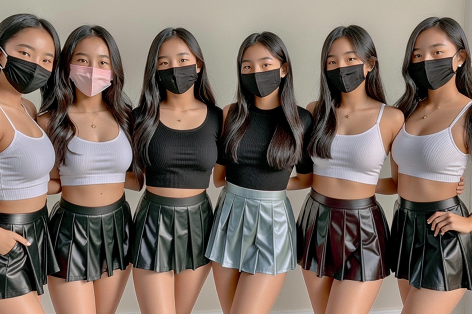 Group of 18yo girls with face mask wearing skirt, barely clothed