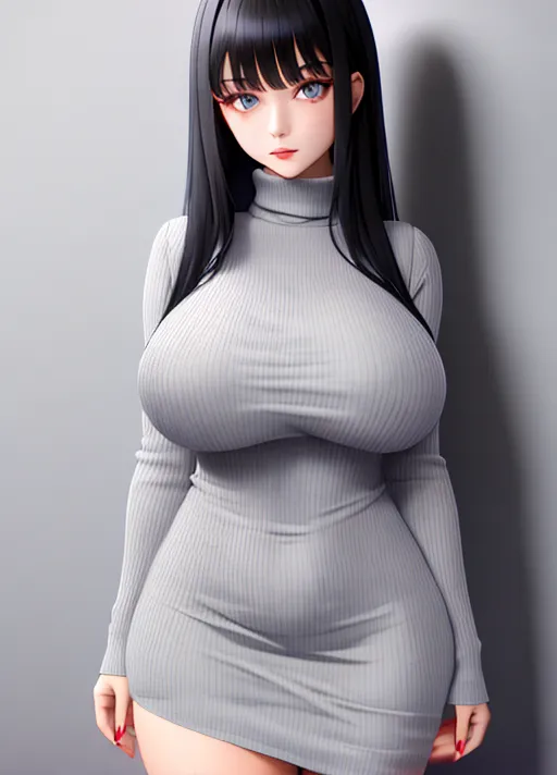 Young eastern European woman, black hair, bangs, light grey blue eyes, huge tits, tight sweater dress, best quality, ultra high resolution