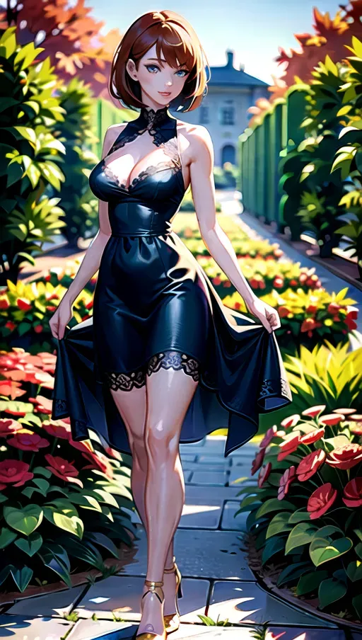 4k high detail, masterpiece, detailed background, garden, autumn, nighttime, full body photo of, 1girl, beautiful, slim figure, long slender legs, medium breasts, short auburn hair, detailed blue eyes, beautiful lips, short blue dress, gold lace, cleavage, standing