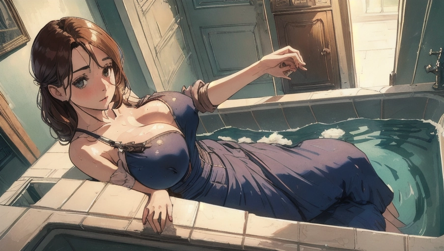 1900s bath, (random face:1.4), (outfit:1.5), 8k, (porn:1.4), nice (breasts:1.4) with nice nipples, dynamic scene, digital photo, (cum:1.1), (slut:1.4), indoor background, centred,