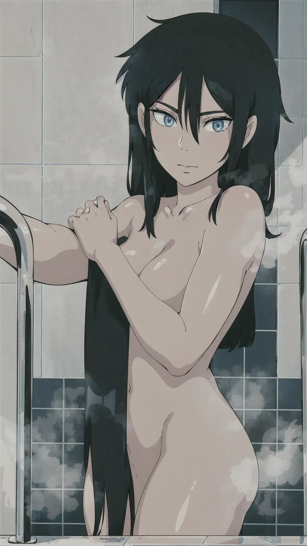Black hair naked, steam everywhere, in the bathroom, posing, teasing, blue eyes, <lora:dpmg_ghibli_style:1>