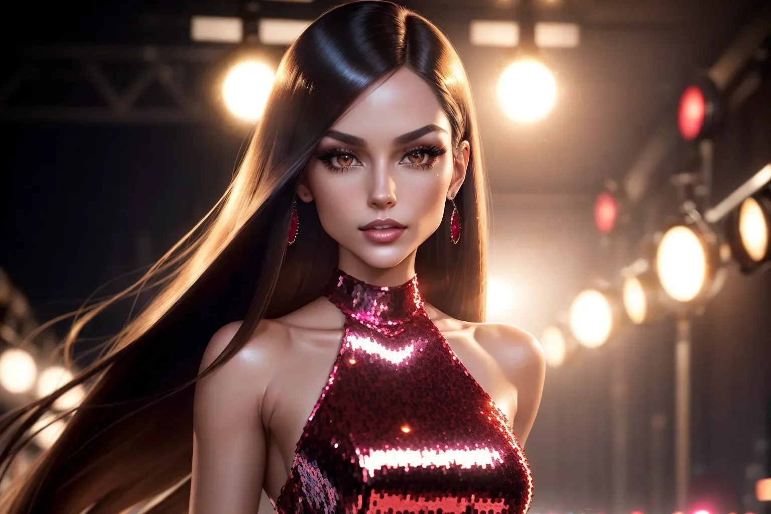 Realistic Photograph, (wide shot), (((Aubrey Plaza)))(((accurate face))),(((as a runway fashion model)))(((wearing a ruby sequin tube dress)))(((EXTREMELY slender petite body))), five slender fingers, ((((detailed female anatomical features)))),((long blunt Dutch Bob cut hairstyle) (straight hair)(sleek)) beautiful face, beautiful lips, detailed large eyes, curved eyebrows, cgsociety, cinematic lighting, studio lighting, professional, editorial,