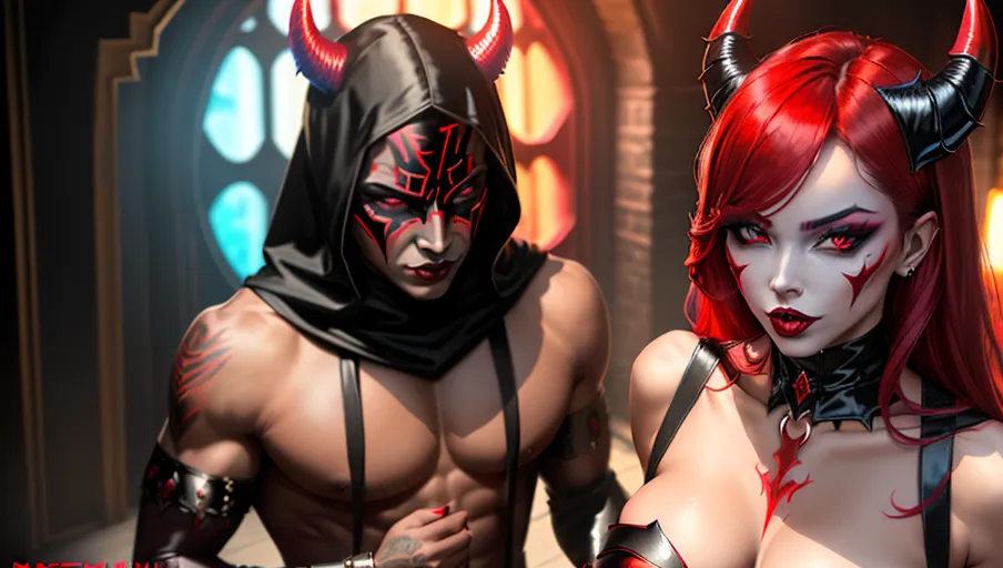 A man with the face and body of gorgeous transgender woman (wearing devil maskm2f), full body with penis in the image, lots of red and black, vibrant, vivid, art, realistic, fantasy, HDR, 32K, female perfection, nudity, background dungeon,