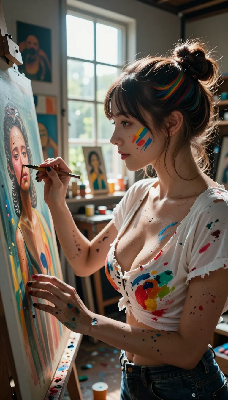 1 hot woman (19 years old) with rainbow hair bun is painting on large canvases, (ripped opened white crop top with long neckline (covered with bright paint stains)), (((looking at her current canvas))), (((sweetest look))), large smile, (paint on her cheeks), (beautiful b-cup breast covered with paint stains), breast exposed, (highly detailed), beautiful lips, perfect lips, beautiful face, arms stained with paint, stomach stained with paint, in a filled painting workshop, paintings all over, (close-up face), perfect fingers, natural day light from huge windows, lightbeams through dust in the air, bokeh, five fingers per hand, cinematic composition, UHD, HDR, highest quality, highest resolution