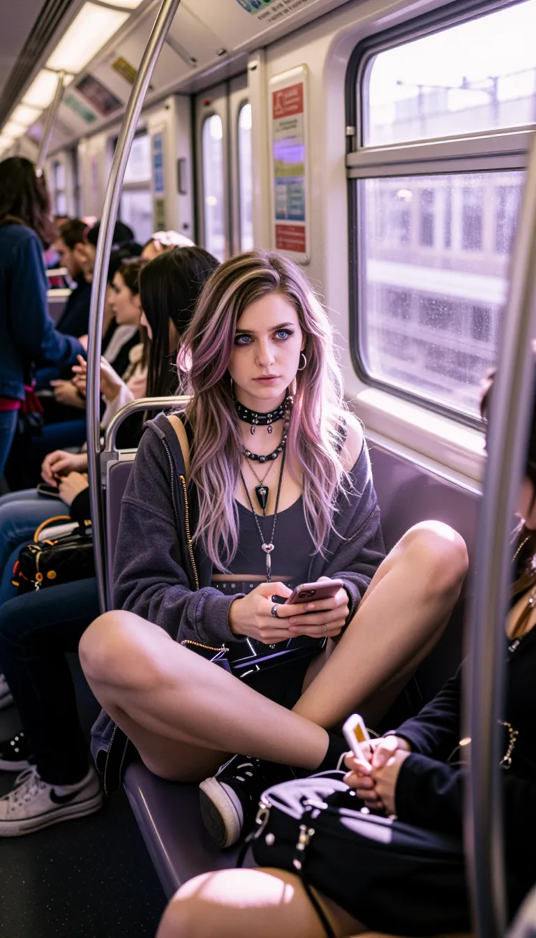 candid street photography, sneaky stolen shot from a few seats away inside a crowded commuter metro train, young woman with clear blue eyes is sitting naturally with crossed legs waiting for her station and looking away. She has a distinct alternative edgy aggressive look with clothing resemble of gothic and punk style with a cleavage, her hair are dyed at the points and she has heavy goth makeup. She is minding her own business unaware of being photographed , relaxed using her phone.
lighting: Lilac, Light penetrating the scene to create a soft, dreamy, pastel look.
atmosphere: Hazy amber-colored atmosphere with dust motes dancing in shafts of light