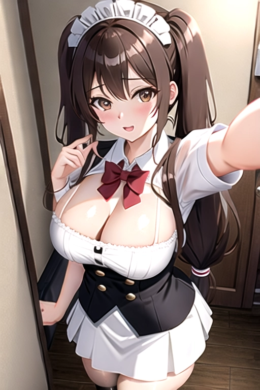 4k quality, brown eyes, pale white skin, brown hair, giant breasts, cleavage, looking at viewer, pov, long hair, wavy hair, standing in bedroom, maid uniform, high heels, miniskirt, pigtails