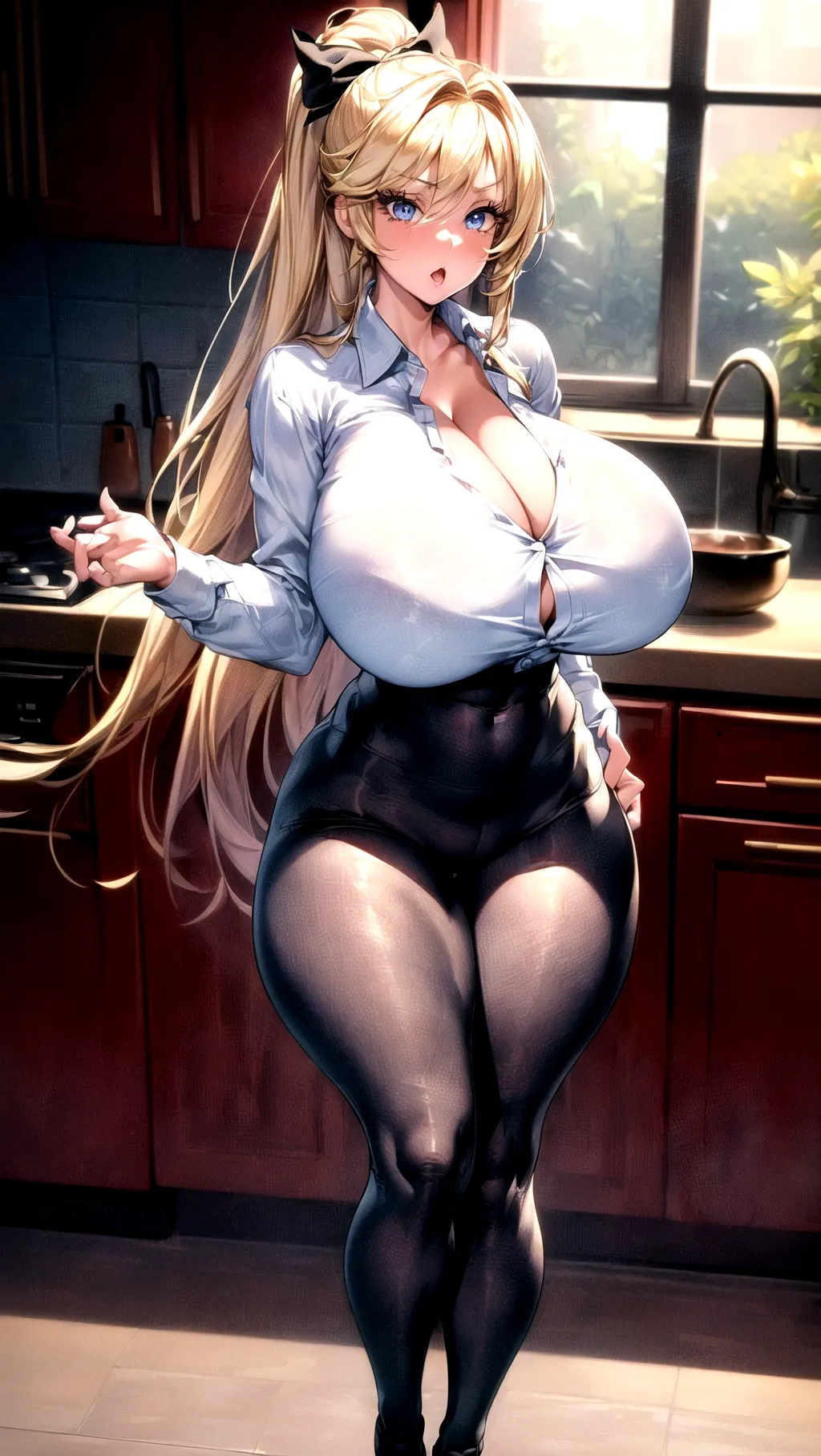 Beautiful, masterpiece, professional, HDR, UHD, (((64K resolution))), ((kitchen background)), ((1girl)), (solo), (((full body picture))),
((A beautiful girl wearing a white a button up shirt and tight black leggings)), short ponytail, thick lips, hair bow, ((very shocked facial expression)), (wide open mouth), (large mouth), bare neck, slightly exposed cleavage, ((gigantic tits)), ((thick thighs)), wide thighs, thigh gap, (((absolutely massive breasts))), ((skinny waist)), ((very long eyelashes)), golden blonde hair, bright blue eyes, <lora:dpmg_add_detail:1.2>, <lora:red_tint_cheeks:0.7>,