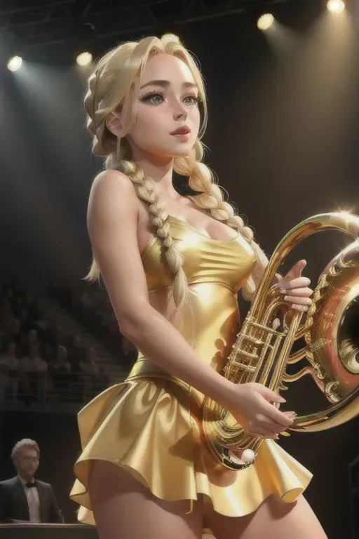 a digital art of,blonde girl,naked,playing a tuba,on stage,five slender fingers,braids hair,beautiful face,beautiful lips,green eyes,curved eyebrows,curved eyelid,smooth skin,joyful,wearing golden ring,pixiv,highly detailed,sharp focus,8k,smooth