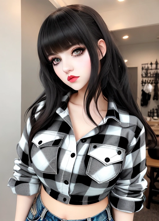 Cute girl, simple grunge makeup, pale colored eyes, black hair, bangs, big lips, realistic face, high riding huge boobs, gigantic tits, flannel shirt, standing, skinny, photorealistic, best quality, ultra high resolution