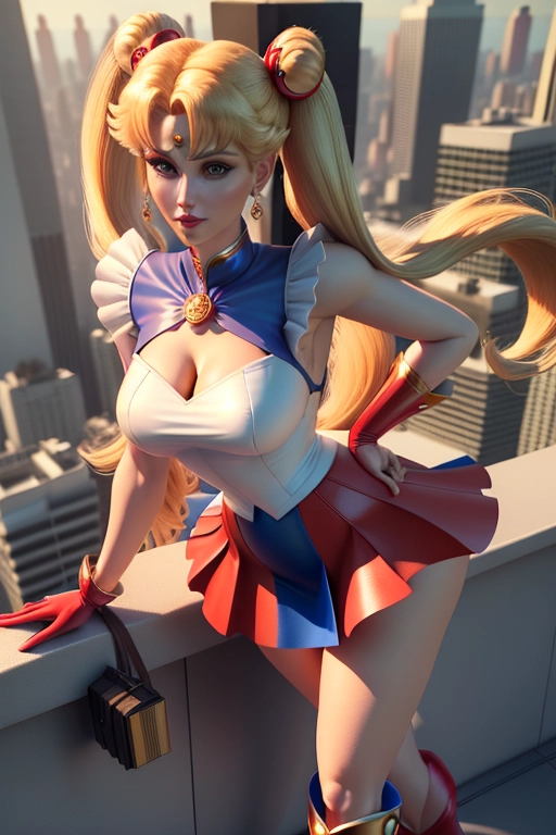 3d, photorealistic, masterpiece, 64k, detailed drawing, adult Sailor Moon, detailed face, blonde flowing twintails, red boots, blue skirt, low cut white blouse, long legs, standing proudly, hands on hips, on top of a skyscraper, overlooking city