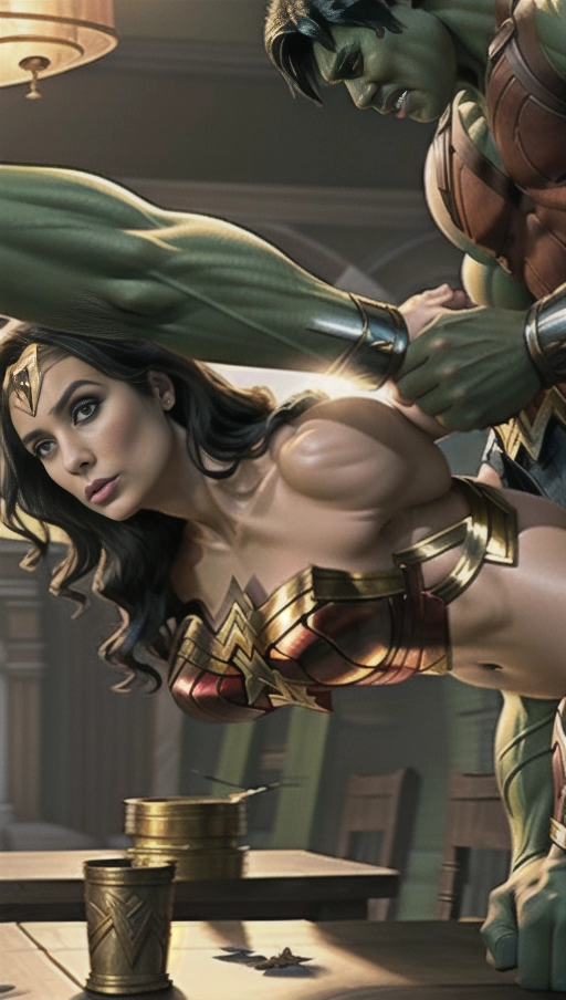 Half naked Wonder Woman bending over a table and the Hulk fucks her from behind,