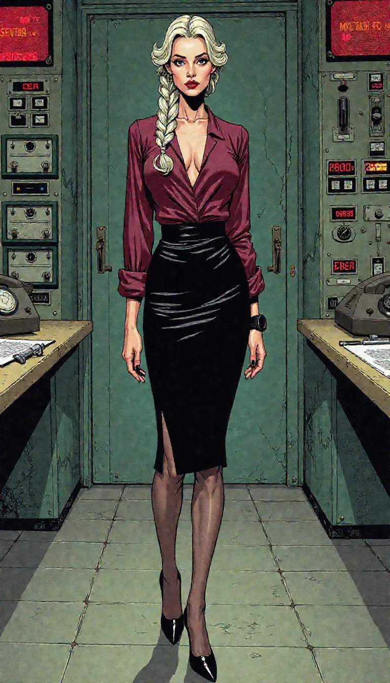 Tatiana Romanova, Soviet siren turned triple-agent ghost, porcelain skin with vein-thin cracks like frozen glass, face sculpted in hard lines and ruthless grace, cheekbones honed by protocol, lips painted in rusted plum with no invitation, eyes grey as surveillance footage and half-lidded like a verdict, platinum hair in a tight braid pulled like a cable down her spine, sheer maroon blouse worn loose and unbuttoned to the base of the sternum, soft folds slipping open with every breath, reflecting low light like a missile casing, posture commanding and predatory,
fitted knee-length pencil skirt in matte black, sculpted around the hips like ambition on display, slight slit in back for mobility not modesty, sheer stockings with visible seam like a redacted line, pointed black heels sharp as a signature, matte black watch flipped inward on her wrist,
standing alone in a forgotten Soviet command center, surrounded by towering Cold War-era control panels, analog switches blinking their last logic, cracked dials and Cyrillic buttons glowing weakly in jaundiced yellow, air stale with electric ghost hum, steel desk slick with condensation, rotary phone off the hook like a scream that ended years ago, clipboard mid-command, static flickering across cathode-ray displays, walls dripping with memory and failure, her breath visible but steady, no weapons in sight—because she is the thing they built, and what they couldn’t dismantle,
hand-drawn comic illustration, thick ink outlines, halftone shading, visible brush strokes, stylized light, posture mid-scene, key features outlined for drama, fashion with visual storytelling, glitter or grime as mood accents, emotion rendered in line weight, no guns, no gloves