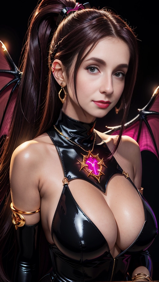 best quality, (((ultra high res))), (((detailed face and eyes))), (perfect face), big shining heart choker, earrings, jewelry, (((big glowing succubus mark))), ((((big glowing succubus bodymark)))), (((conjuring))), (witch), ((long voluminous hair)), (((black gloves))), ((brown hair)), straight hair, (((golden bracelet))), ((single ponytail)), (((huge hair cuff))), chains, ((skintight suit)), ((face closeup)), purple, (burgundy red lipstick), (((neckholder))), ((her hair is in foreground))