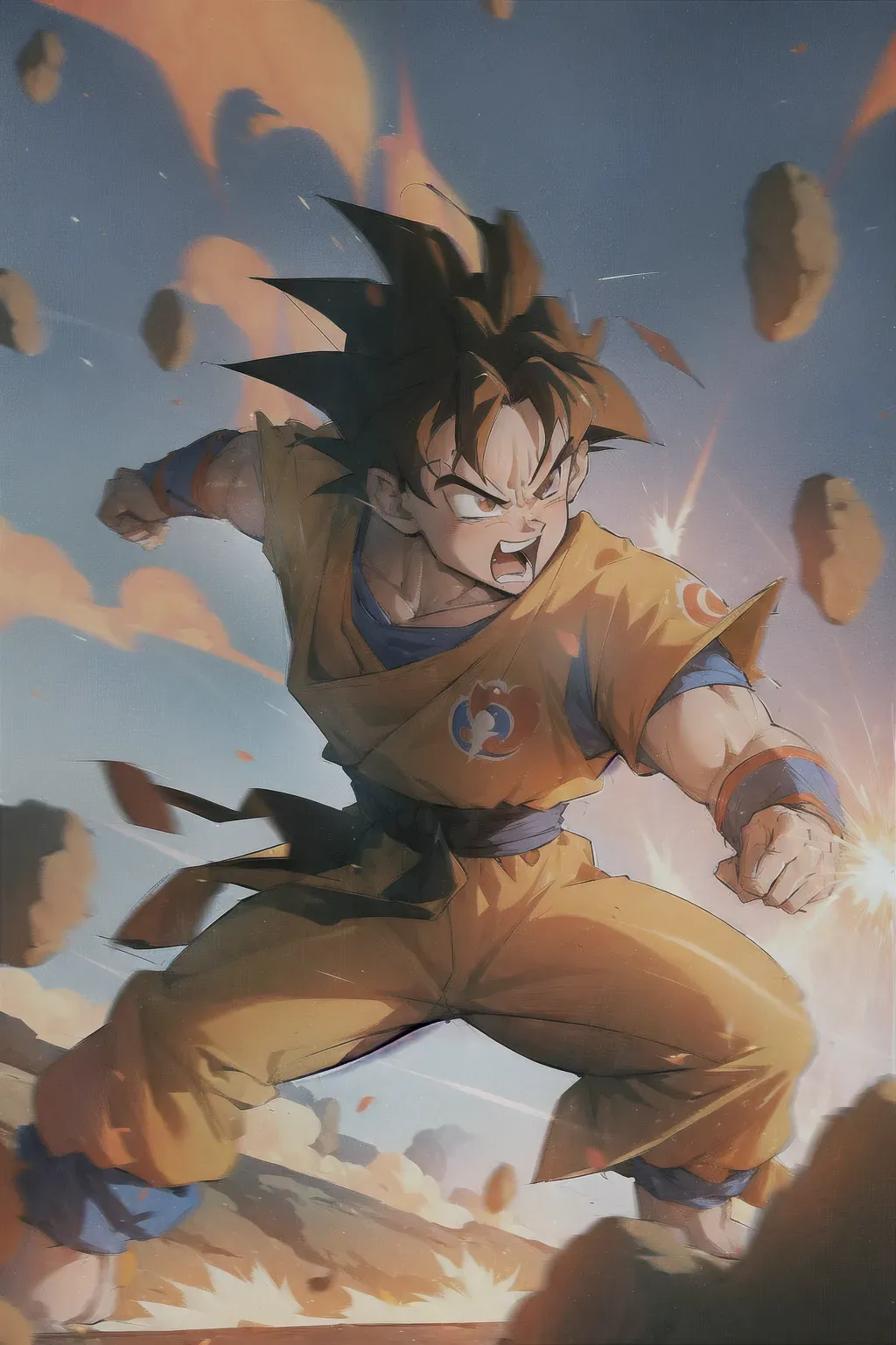 ((masterpiece)), goku, angry, male, best quality, high resolution, 8k wallpaper, in a battlefield, fighting, <lora:dpmg_sam_yang:1>
