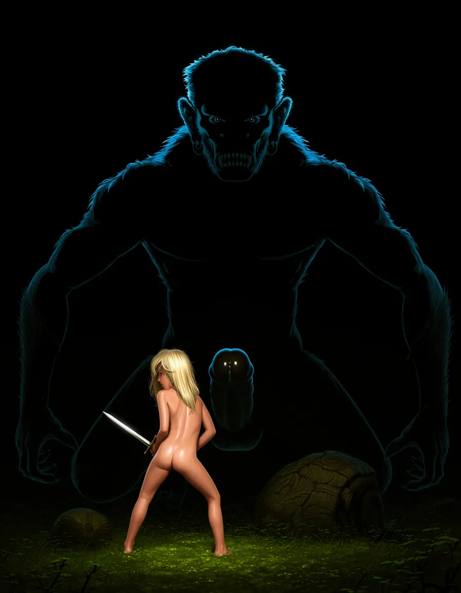 Background is dark evil forest, in the darkness a monster looms in the darkness, only its outline is visible, it has a giant erect human looking cock and balls, ((giant penis)),
In the foreground is a blonde girl, dwarfed by the size of the monster, she is naked and stands ready to face the monster, she holds a small sword,
masterpiece, best quality , 1970s fantasy art, @Frazetta