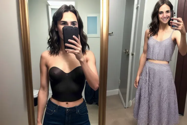 ultra realistic photo of, Gal Gadot, ((((face visible)))), messy hair, (braces on teeth), brown nipples, melanin, narrow feet,(shortie), ((standing)),((((mirror selfie)))),(short stack), standing,
