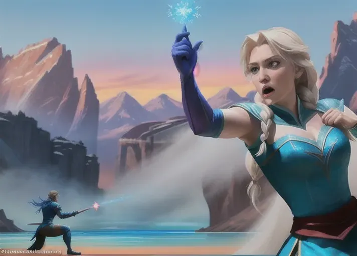 Beautiful Elsa of Arendelle sparring with Sub-Zero of Mortal Kombat. photorealistic. Medium shot. low angle.