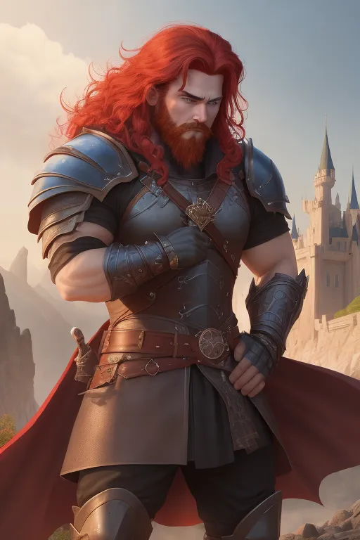 Disney animation, High fantasy, a strong, warrior human, stripping for his princess, wavy red hair, pale skin, angry eyebrows, handsome blue eyes, small nose, strong cheeks, full beard, strong chin, animal skin coat, black leather armor, huge two-handed greatsword, going into battle, battle field, war in the background, castle and dragon in the far background, high definition, 4k quality, excellent lighting, great shading, pristine detail, very clear picture, vibrant colors, accurate at lower promp guidence, ultra realistic, five fingers per hand.