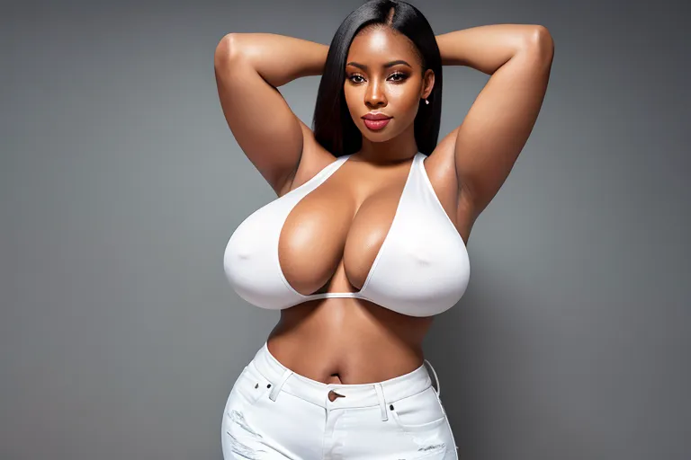 open white shirt, curvy, very humongous breast, blue jean shorts, nude breast, ebony girl, hands behind head,