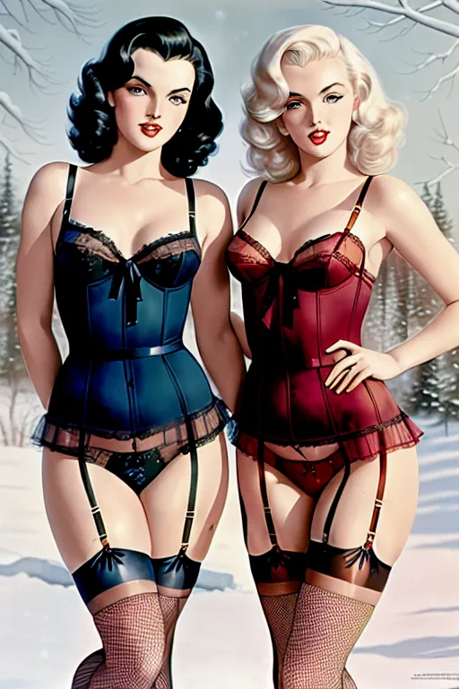 A ((colour)) painting of a young Jane Russell and a young Marilyn Monroe , ((accurate faces)), ((((posing and revealing lingerie)))),((thighs visible)), ((detailed hair features)),((detailed facial features)),((((looking at the camera)))),(beautiful face),(detailed body features),(detailed arms features),textured skin,(((winter landscape)))