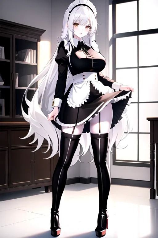 long hair, white hair, brown eyes, miniskirt, black maid uniform, giant breasts, looking at viewer, in living room, high heels, pale skin, thigh high boots