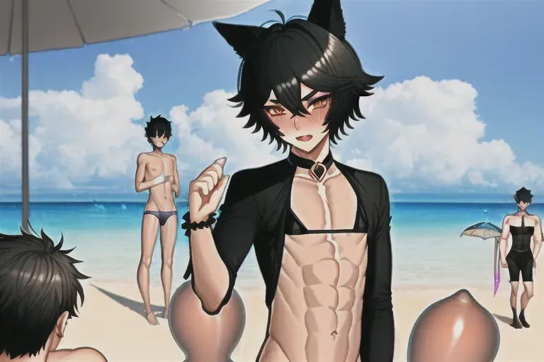 femboy, catboy, black hair, short hair, (gay), bikini, on a beach, male, penis, bulge, 2 boys, cumming
