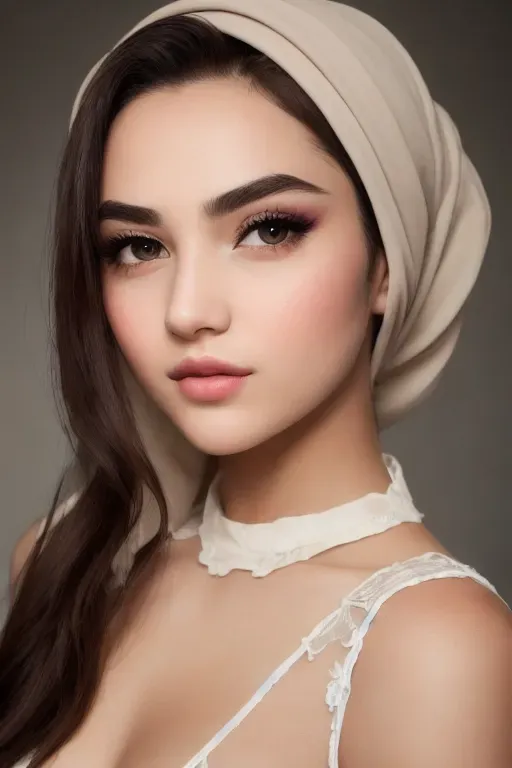 Create a real-life photo of a teenage girl that showcases her exquisite and ethereal beauty, The photo should showcase a full-body shot with slutty appearance wearing a sexy hijab outfit, The use of Lens Glow should add depth to the image, The photo should be balanced and symmetrical with a carefully focus on her chest, her hauntingly beautiful Flawless skin tone should Perfectly lit with natural light, Expertly styled hair and makeup, Captivating and confident pose, Her hyper-detailed face should have striking and captivating features including high detailed eyes, beautiful lips, curved eyebrows, curved eyelids, slender nose, and soulful gaze with mesmerizing brown eyes, and her captivating gaze should be looking down at the viewer while Her enigmatic smile should showcase perfectly sculpted full lips, Her dark short hair should be styled in an updo that showcases her beautiful nape, with a perfectly sculpted lips and chiseled features that complement her cute and poppy demeanor with Intricate details and Perfectly proportioned natural make-up,