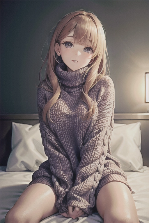 (oversized_sweater), colorful oversized_sweater, good hand,4k, high-res, masterpiece, best quality, head,((Hasselblad photography)), sharp focus, (cinematic lighting), night, soft lighting, dynamic angle,(((sitting on a bed))), outside, <lora:dpmg_oversized_sweater:0.5>