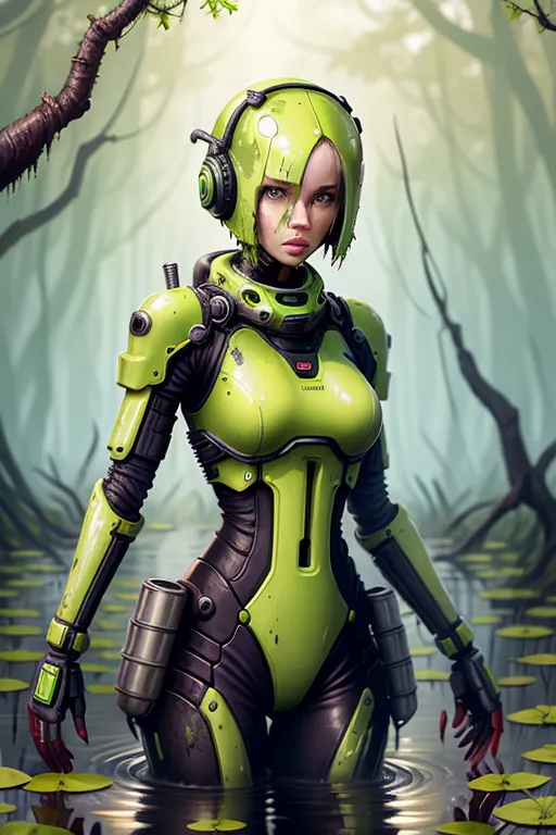 female android wading through corrosive acid swamp