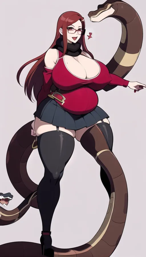 Dark red hair, sexy glasses,Sexy women ,big boobs,pregnant gigantic belly,fat belly and fat boobs,weight gain, gigantic fat belly,fat belly ,huge pumped up belly, black mini skirt, black high heels boots,sex,nude boobs, in a city, people mass, <lora:dpmg_pov_Big_fat_belly:1>,<lora:dpmg_snake_coiling:1>,Snake, snake angles around the woman and how she eats