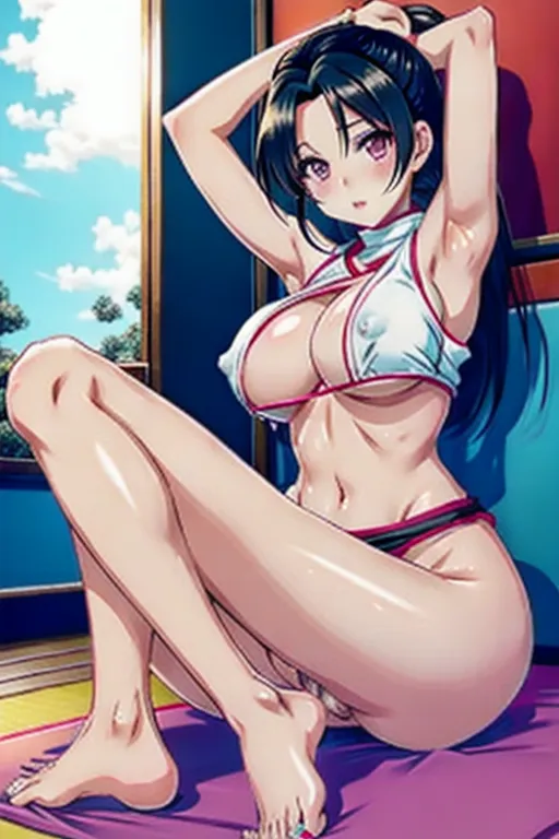 Momo Yaoyorozu, beautiful body, bubble butt, round tits, puffy nipples, shy, bare feet, arms up, long eyelashes, cute makeup, masturbating, female ejaculation, juicy pussy, very detailed, focused lens camera