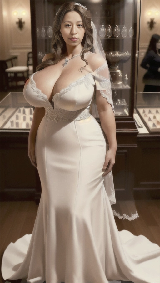 The woman was frozen in time and is now used as a mannequin but her body looks very real.
Shes dressed like a bride in a white dress that clings to her figure, highlighting her large natural breasts and wide hips, paired with a set of high heels.
Latina.
Inside a glass display case.
Located in a room with white walls and evenly lit by white lighting.
Standing upright.
Even though she has some extra weight, she still looks stunning.
The image must capture the full-figured woman within the confines of the glass display case.
Neutral facial expression, gaze fixed on the camera yet void of any emotion. (((full body view, full body photograph)))), ((view full body)), ((((big natural breasts)))), ((overweight)), (((hiperrealistic)))
Masterpiece
perfect edges
ultra realistic
perfect anatomy
realistic skin texture