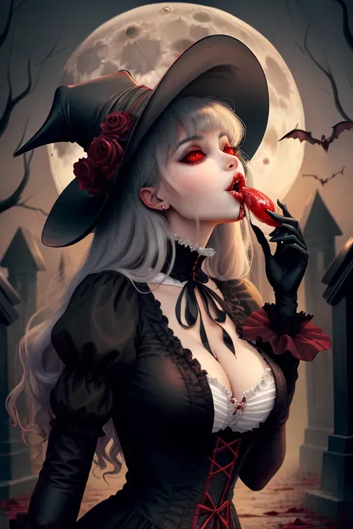 Sexy vampire girl, sucking blood, on human male neck, full moon, graveyard, Victorian era, scary, gore,