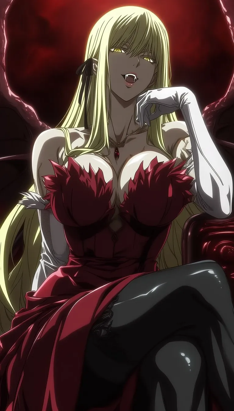 dark_art_style, kiss-shot acerola-orion heart-under-blade, very long hair, blonde hair, hair ribbon, yellow eyes, fangs, vampire red dress, vampire, bat wings, cleavage, white gloves, elbow gloves, black pantyhose, 1girl, solo, alone, masterpiece, highres