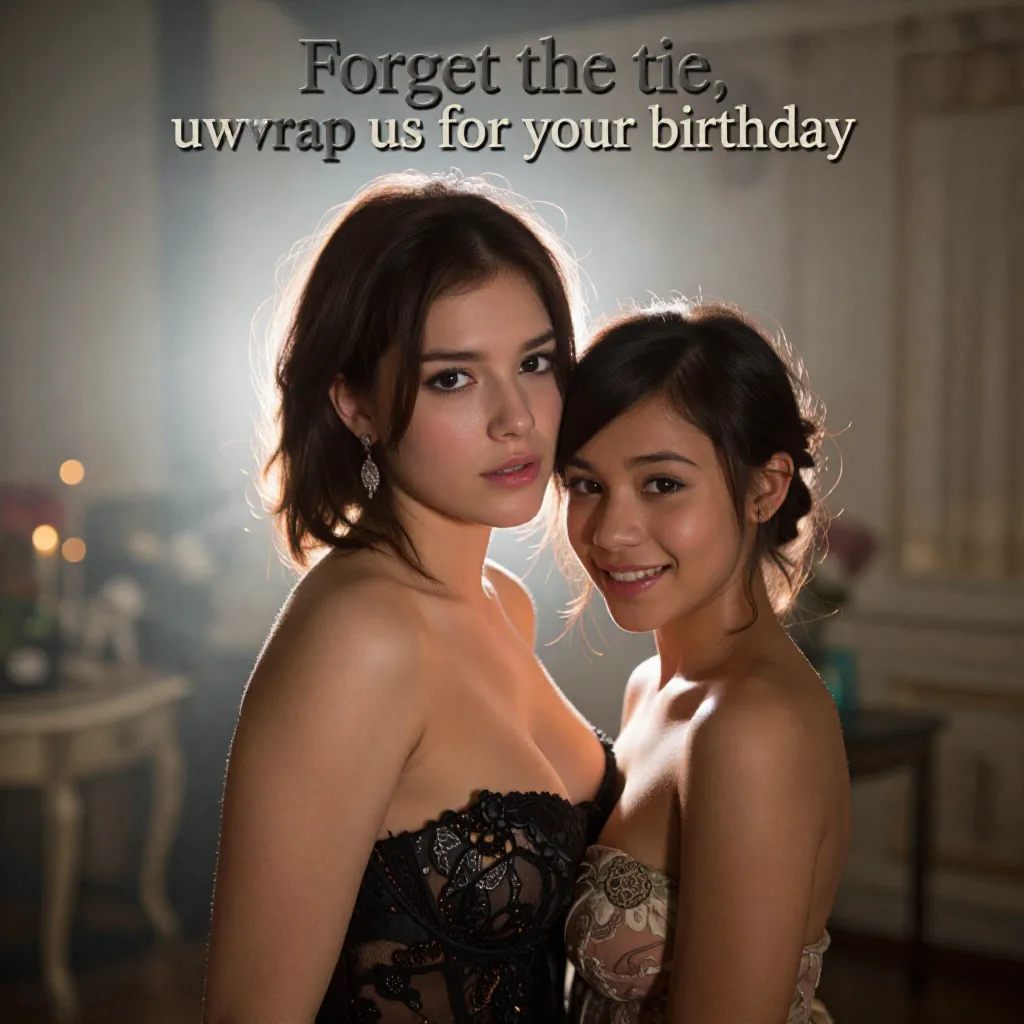 A sophisticated birthday card cover featuring two attractive women posing together elegantly for a glamorous photo shoot. On the left, a tall woman with a classic hourglass figure. On the right, a shorter, petite woman with a slender physique. Both are smiling playfully at the camera, wearing elegant, high-fashion evening wear. Sophisticated studio background with soft, warm lighting. Across the top in clean, bold, elegant typography, the text reads exactly: "Forget the tie, unwrap us for your birthday". High-end photography style, sharp focus, 8k resolution.